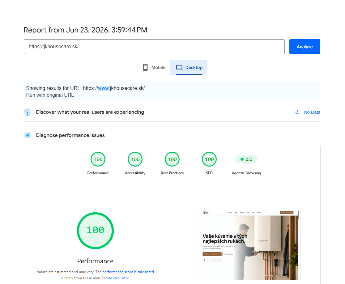 PageSpeed Insights — skóre 100 / 100 / 100 / 100 pre jkhousecare.sk