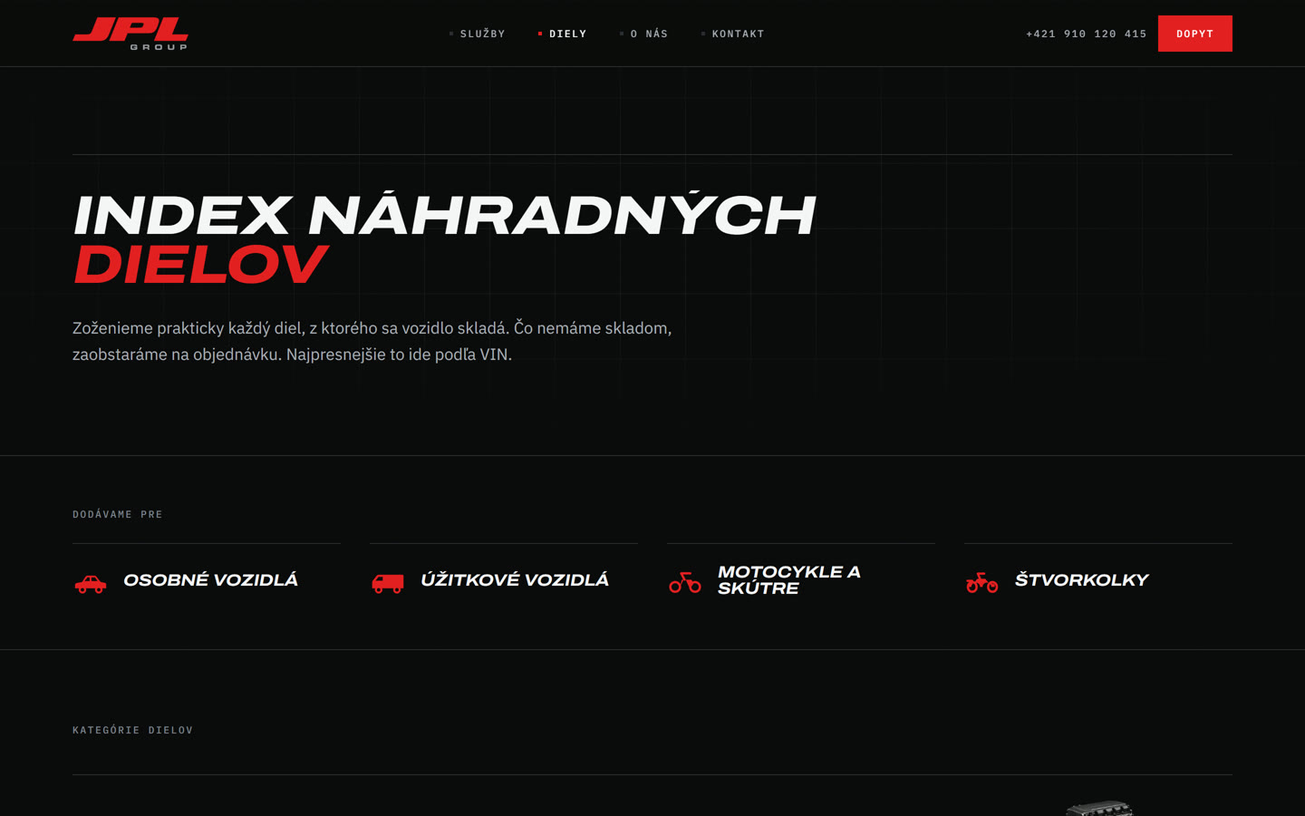 Index náhradných dielov na webe JPL Group