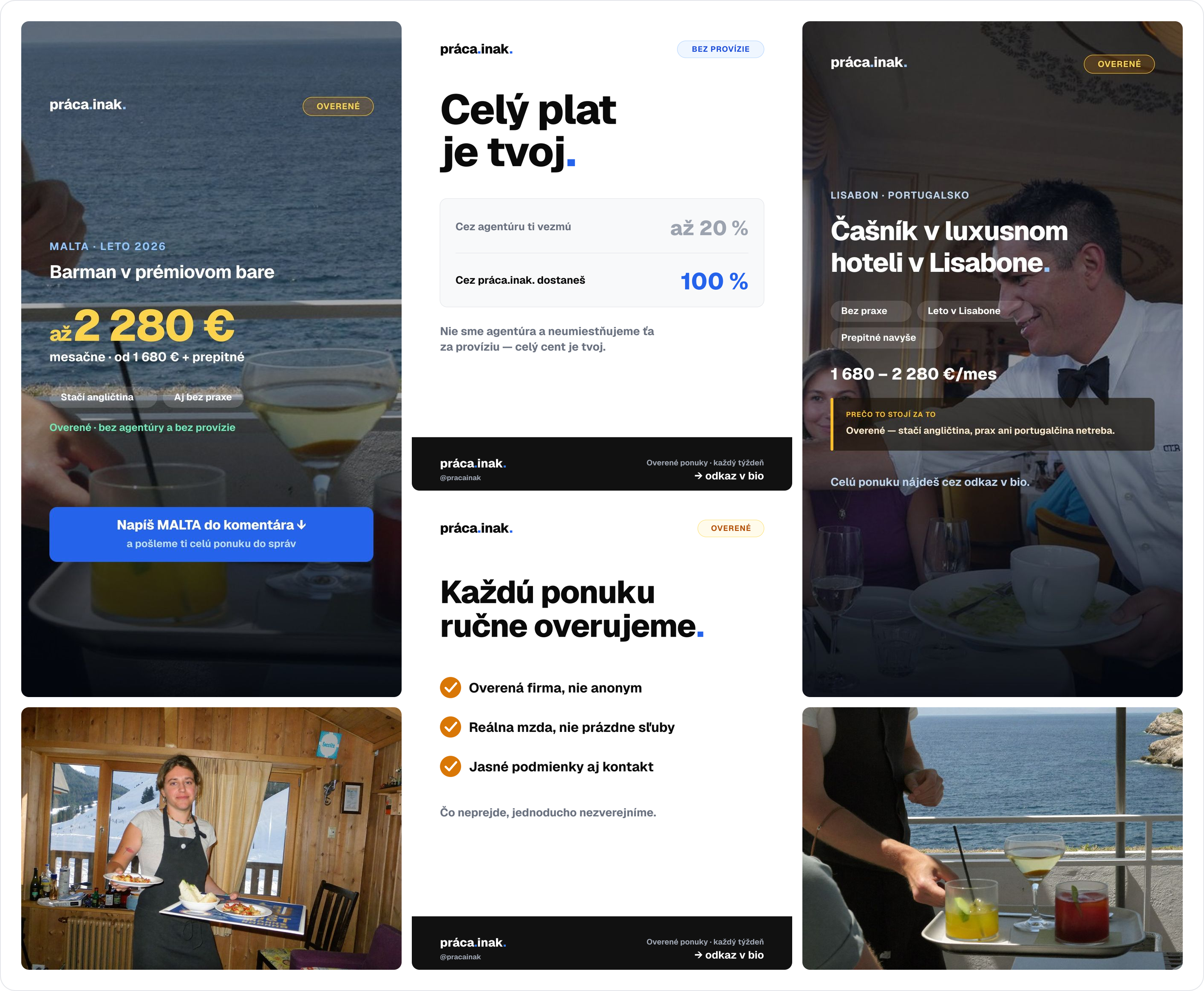 Ukážky reklamnej kreatívy pre Práca. Inak. — vizuály a reely vyrobené AI