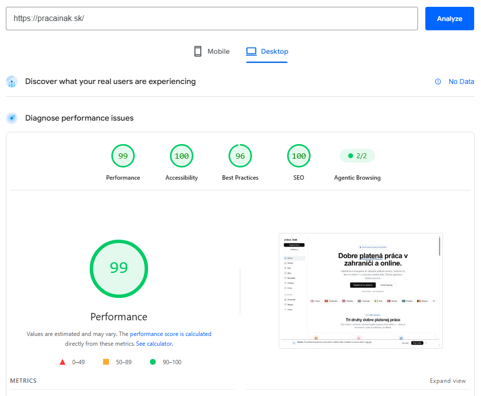 PageSpeed Insights — skóre výkonu, prístupnosti a SEO pre pracainak.sk